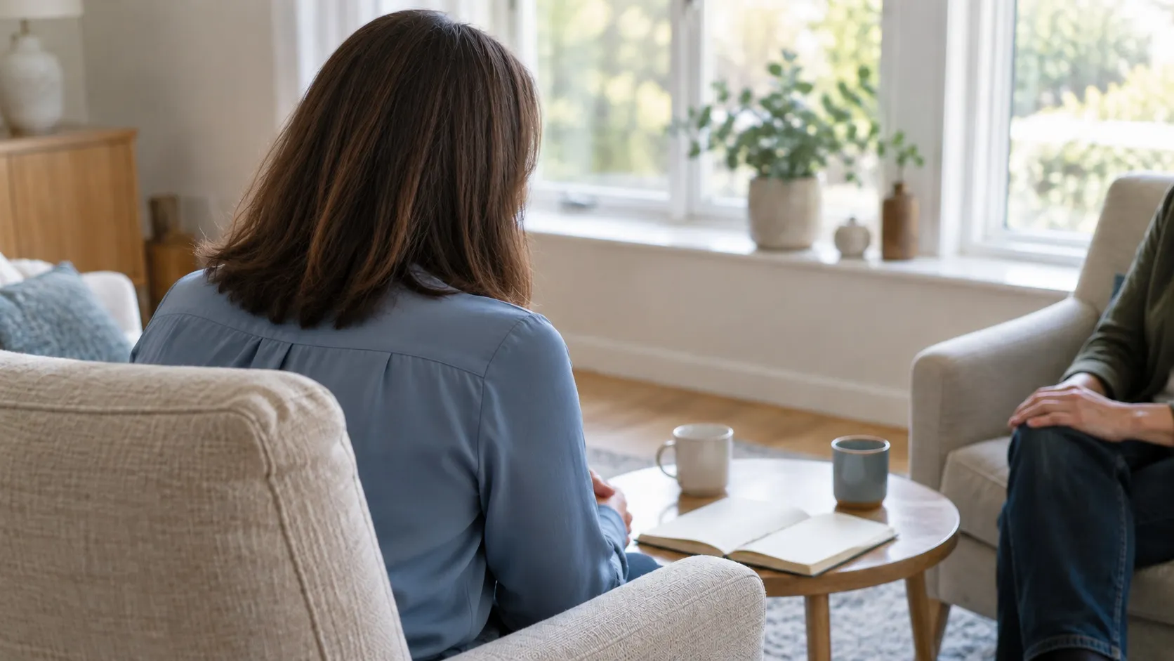 Two people in armchairs by a bright window, mid-conversation, with two mugs and an open notebook on the table between them