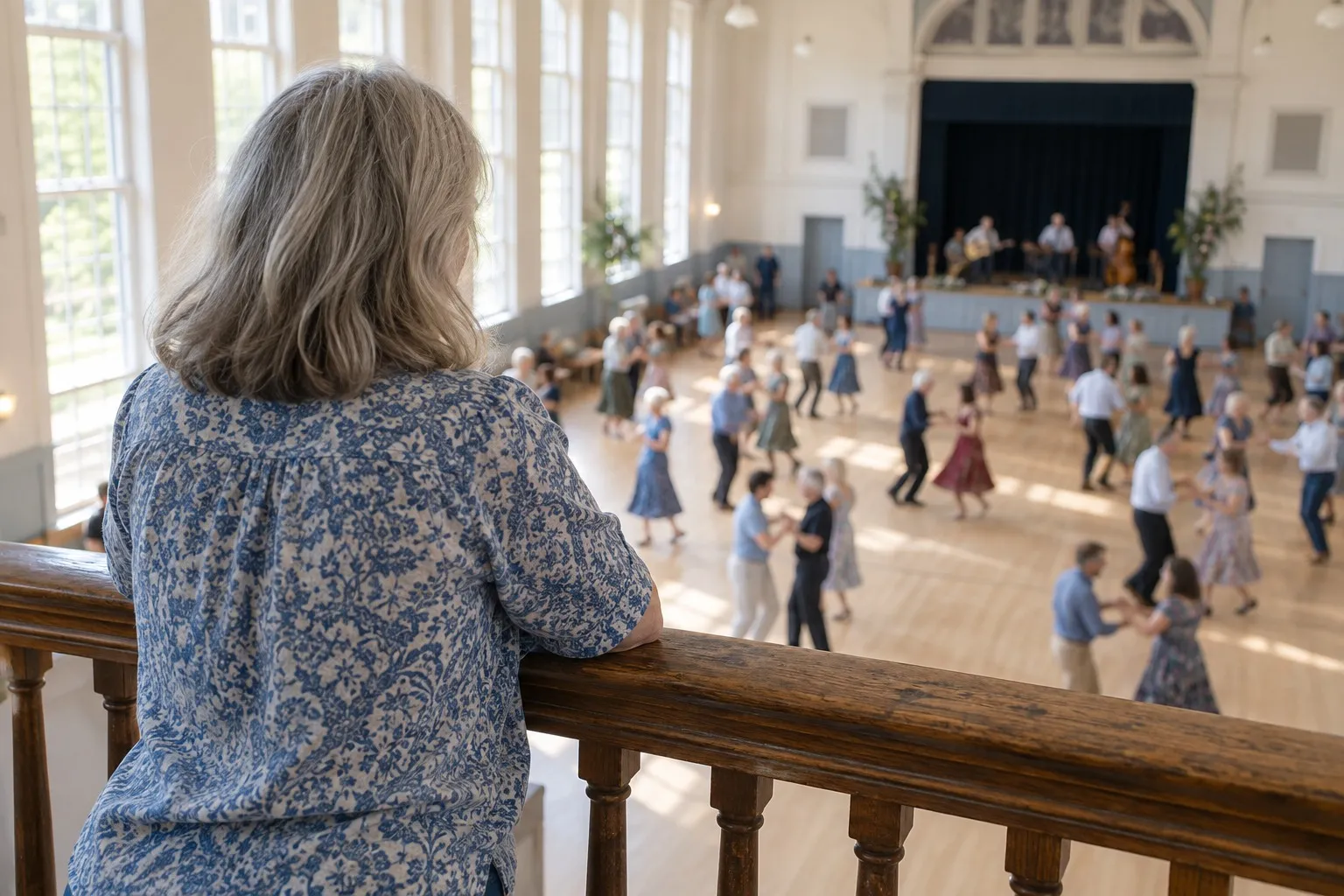 A woman at a balcony rail looking down on a bright hall full of people dancing