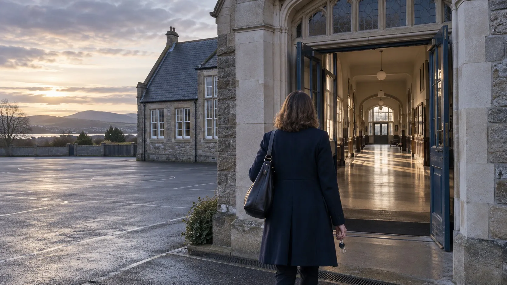 A person in a navy coat, keys in hand, walking towards the open doors of an old stone school early in the morning